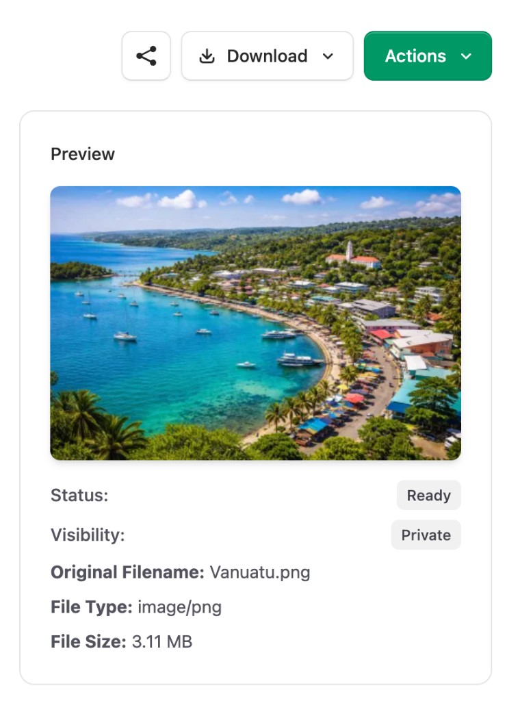 Filum asset preview with share, download, and metadata for a programme photo